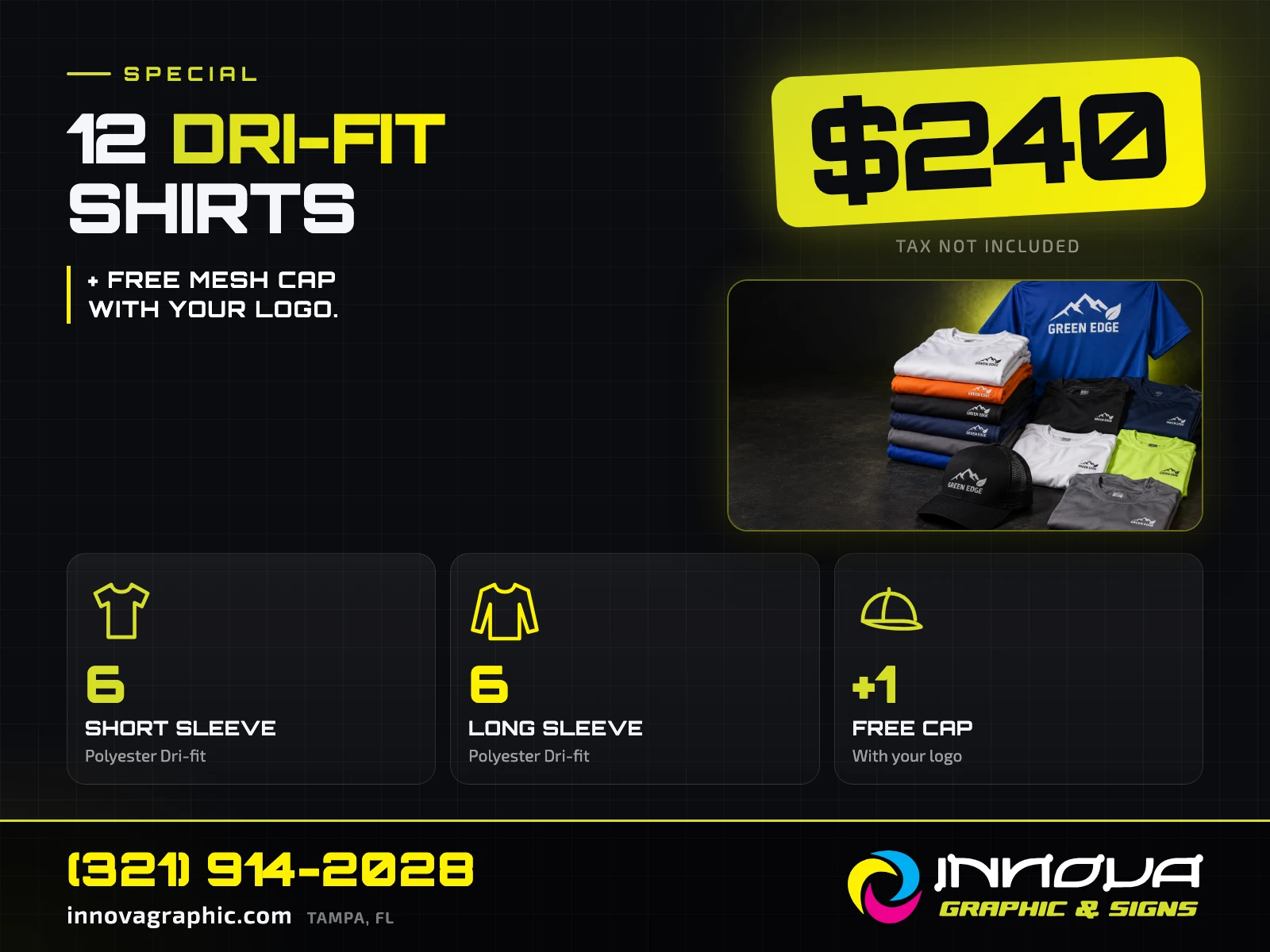12 Dri-fit shirts special for $240 with a free cap