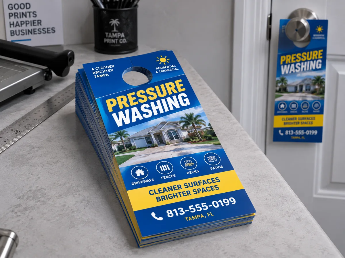 Door hangers de una empresa de pressure washing, uno colgado en la puerta