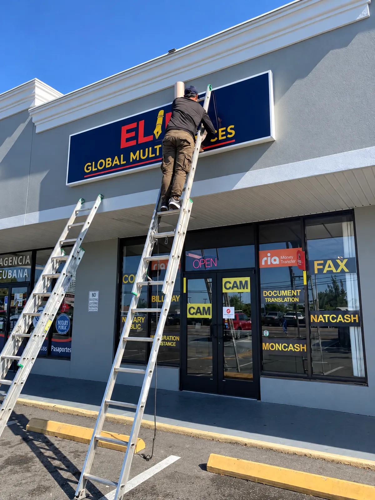 Instalador de Innova en una escalera poniendo el letrero de una tienda de multiservicios